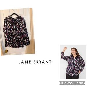 LANE BRYANT Black Satin Floral Ruched-Shoulder Blouse Top 14